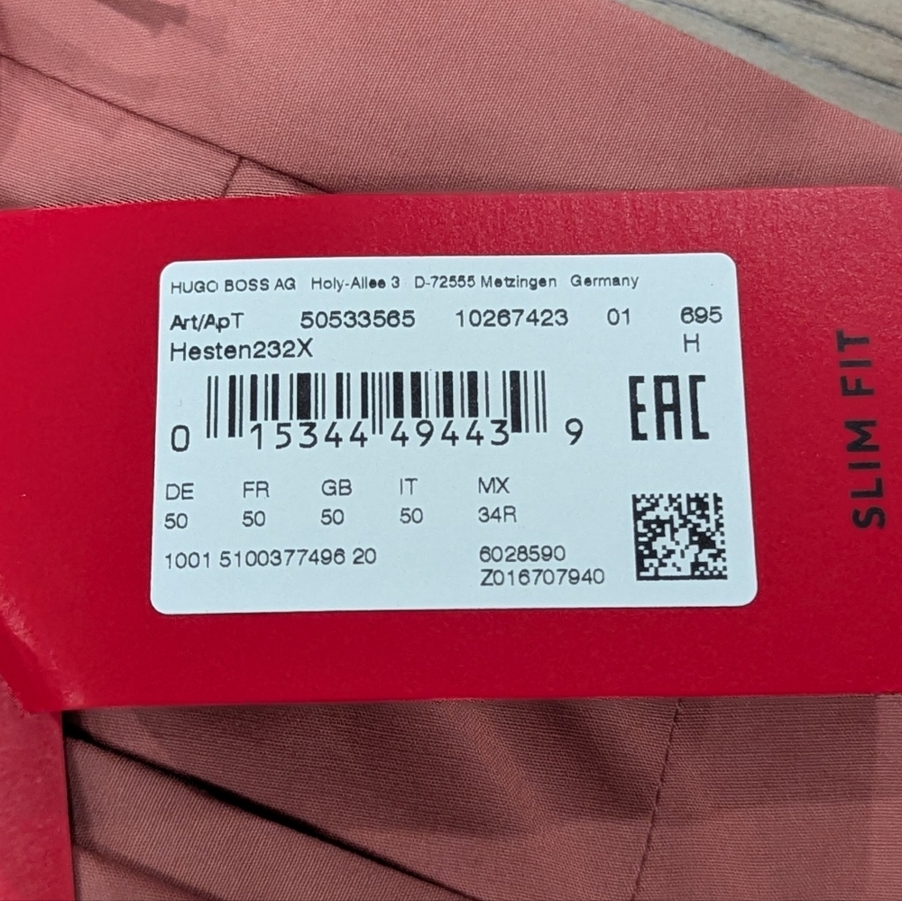 $199 Mens HUGO Hugo Boss "Hesten" Stretch Cotton Dress Pants Pink 34 - Picture 7 of 7